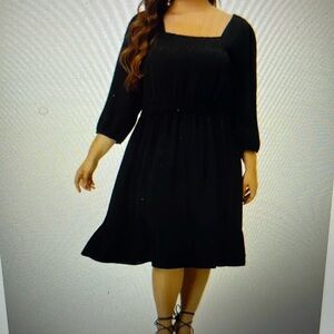 Agnes Orinda Women's 1X Smock Waist Swiss Dots 3/4 Sleeves Midi Dress Black NWT